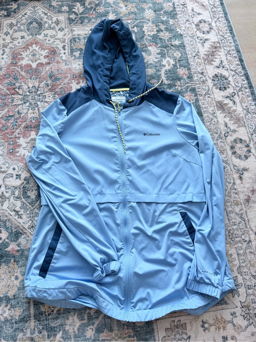 Columbia Navy and Light Blue Hooded Jacket with Yellow Trim